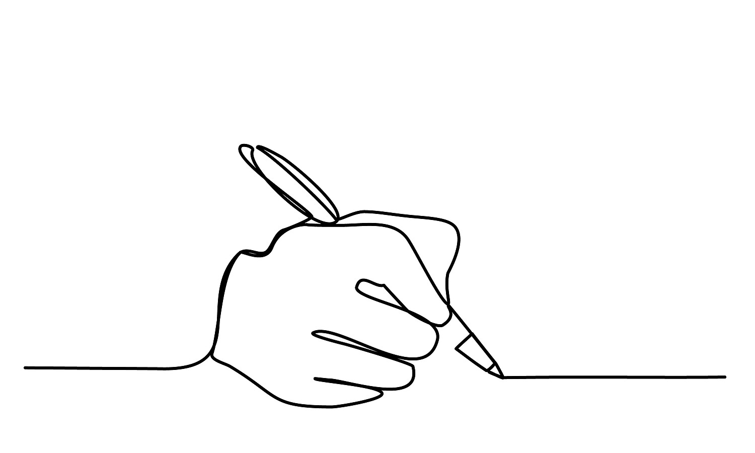 Hand with Pen a Person writes on paper Record Write a Letter sign an agreement Contract Continuous Line drawing on white isolated vector trendy  illustration